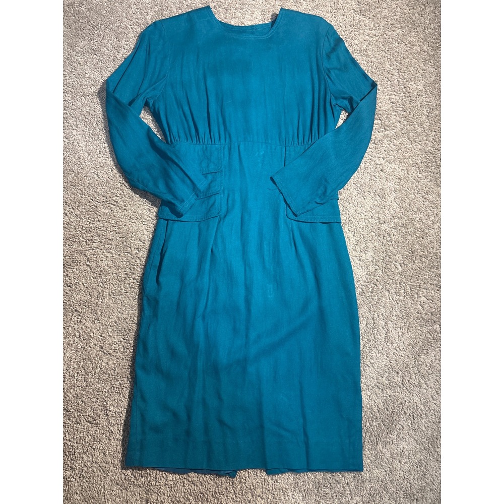 Y2K Theo Miles Teal Blue 100% Silk Long Sleeve  Midi Dress Womens Size 4